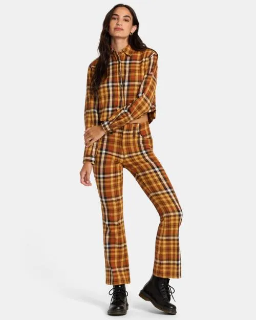 Rvca Bayside Flannel Long Sleeve Shirt Latte Women Tops