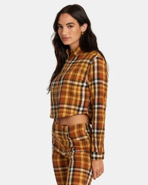 Rvca Bayside Flannel Long Sleeve Shirt Latte Women Tops