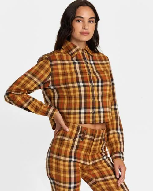 Rvca Bayside Flannel Long Sleeve Shirt Latte Women Tops