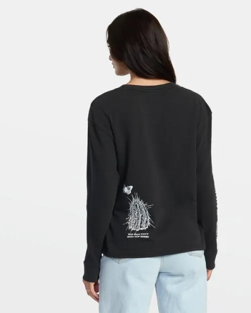 Rvca New Doors Long Sleeve TShirt Washed Black Women Tees and Tanks