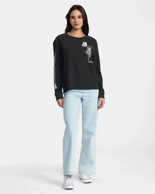 Rvca New Doors Long Sleeve TShirt Washed Black Women Tees and Tanks