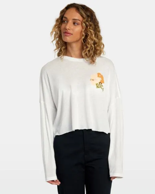 Rvca Retro Hibiscus Long Sleeve Tee Vintage White Women Tees and Tanks