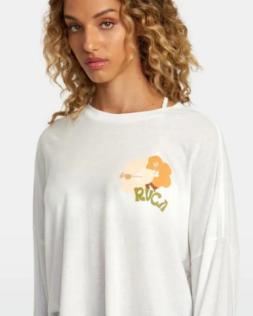Rvca Retro Hibiscus Long Sleeve Tee Vintage White Women Tees and Tanks