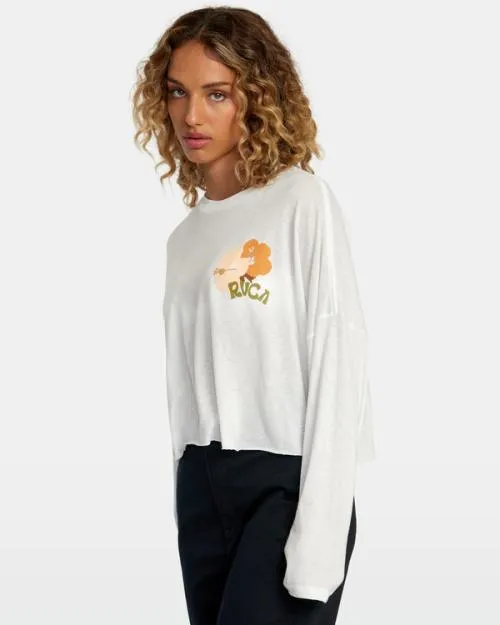 Rvca Retro Hibiscus Long Sleeve Tee Vintage White Women Tees and Tanks