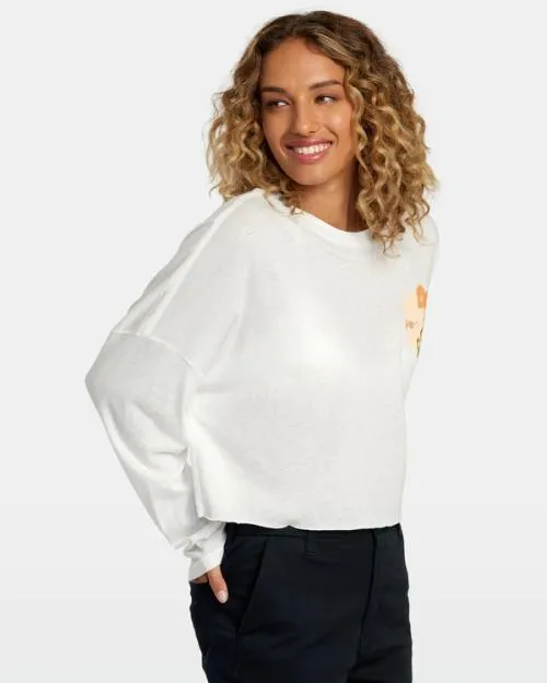 Rvca Retro Hibiscus Long Sleeve Tee Vintage White Women Tees and Tanks
