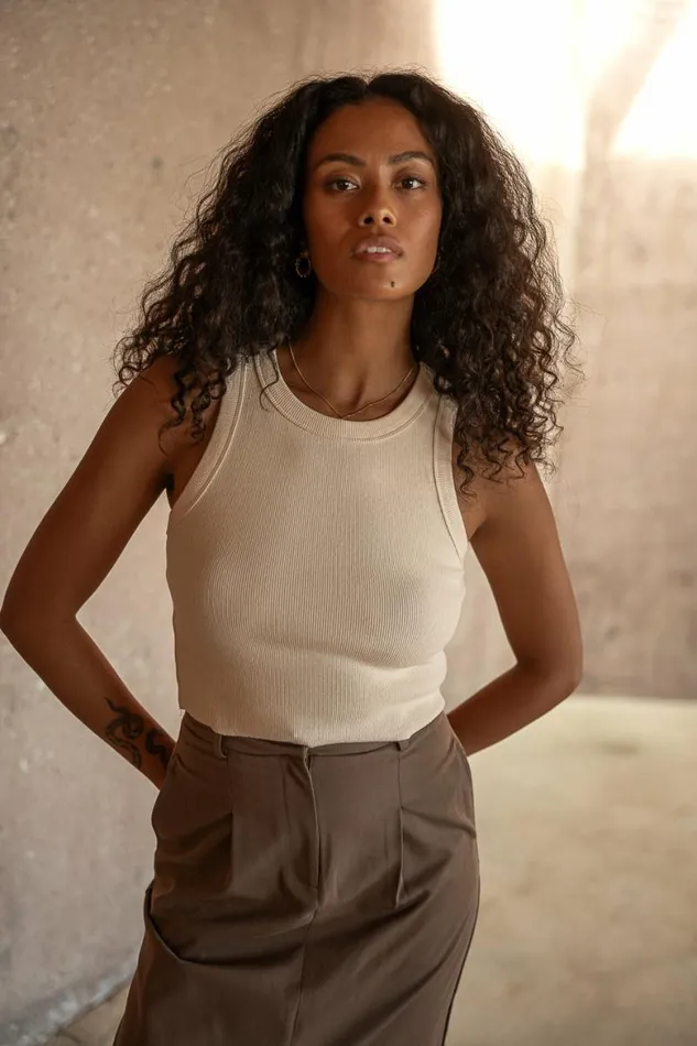Selena Ribbed Tank In Cream White Women Bohme Tees and Tanks