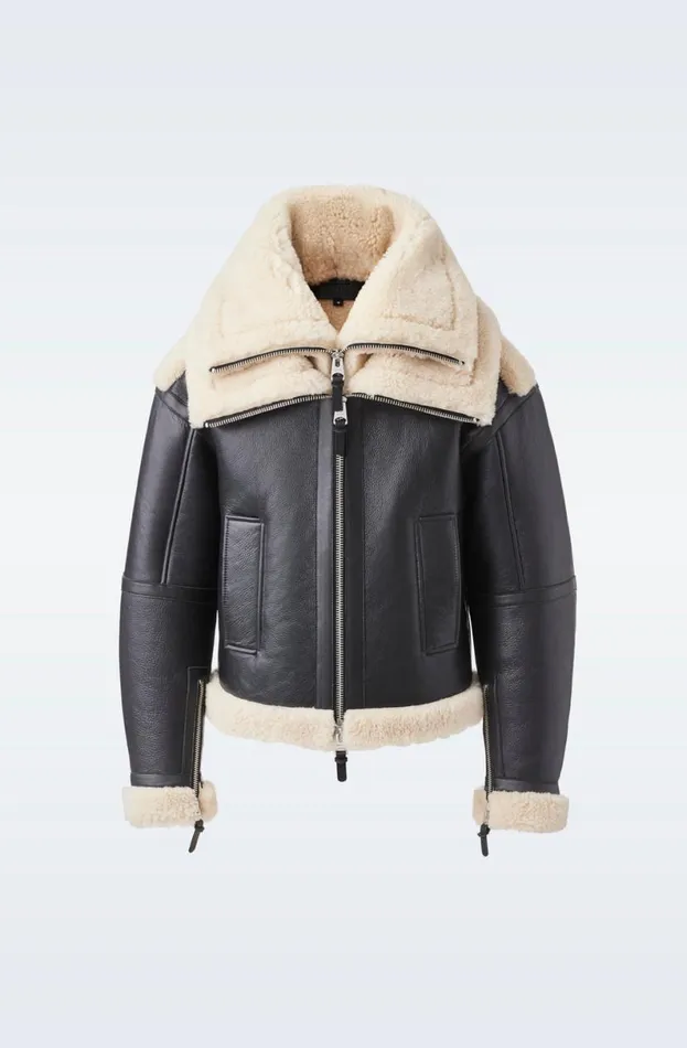 Shearling Jackets Men Mackage LOTTE Sheepskin Jacket With Double Collar Chocolate