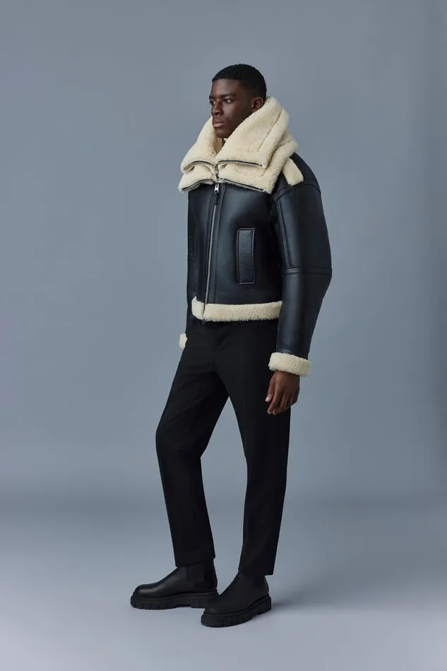 Shearling Jackets Men Mackage LOTTE Sheepskin Jacket With Double Collar Chocolate