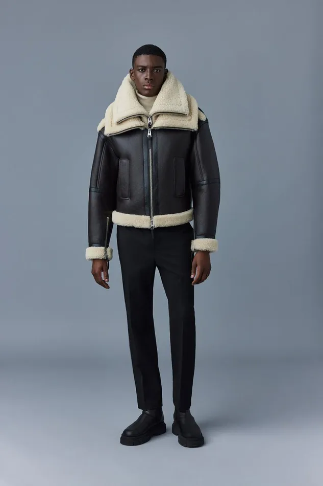 Shearling Jackets Men Mackage LOTTE Sheepskin Jacket With Double Collar Chocolate