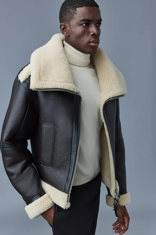 Shearling Jackets Men Mackage LOTTE Sheepskin Jacket With Double Collar Chocolate