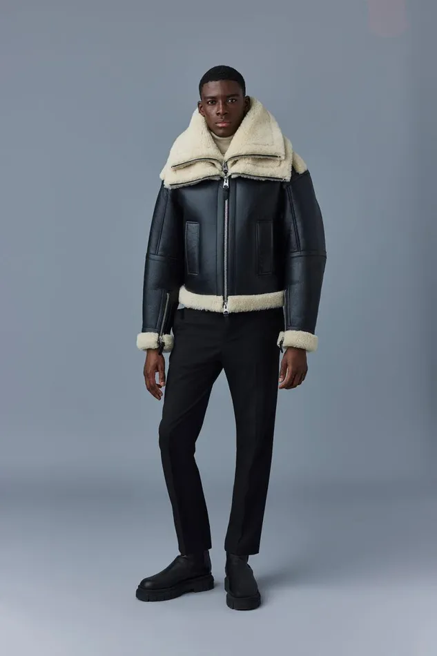 Shearling Jackets Men Mackage LOTTE Sheepskin Jacket With Double Collar Chocolate