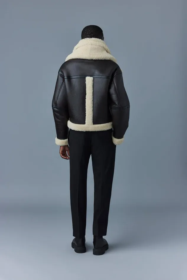 Shearling Jackets Men Mackage LOTTE Sheepskin Jacket With Double Collar Chocolate