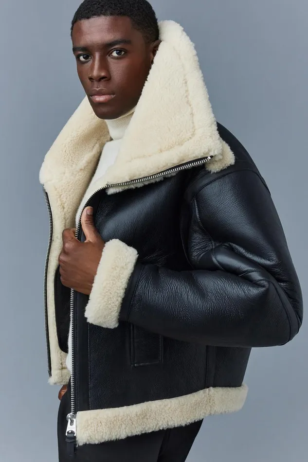 Shearling Jackets Men Mackage LOTTE Sheepskin Jacket With Double Collar Chocolate