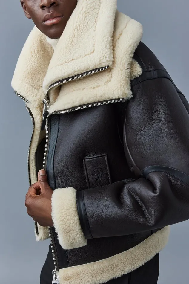 Shearling Jackets Men Mackage LOTTE Sheepskin Jacket With Double Collar Chocolate