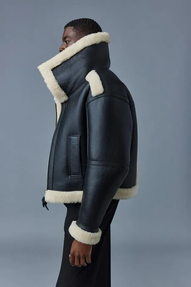 Shearling Jackets Men Mackage LOTTE Sheepskin Jacket With Double Collar Chocolate