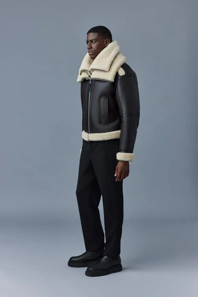 Shearling Jackets Men Mackage LOTTE Sheepskin Jacket With Double Collar Chocolate