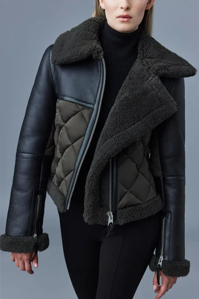 Shearling Jackets Women Mackage TULIP Quilted Sheepskin Jacket With Shearling Trim Dark Olive