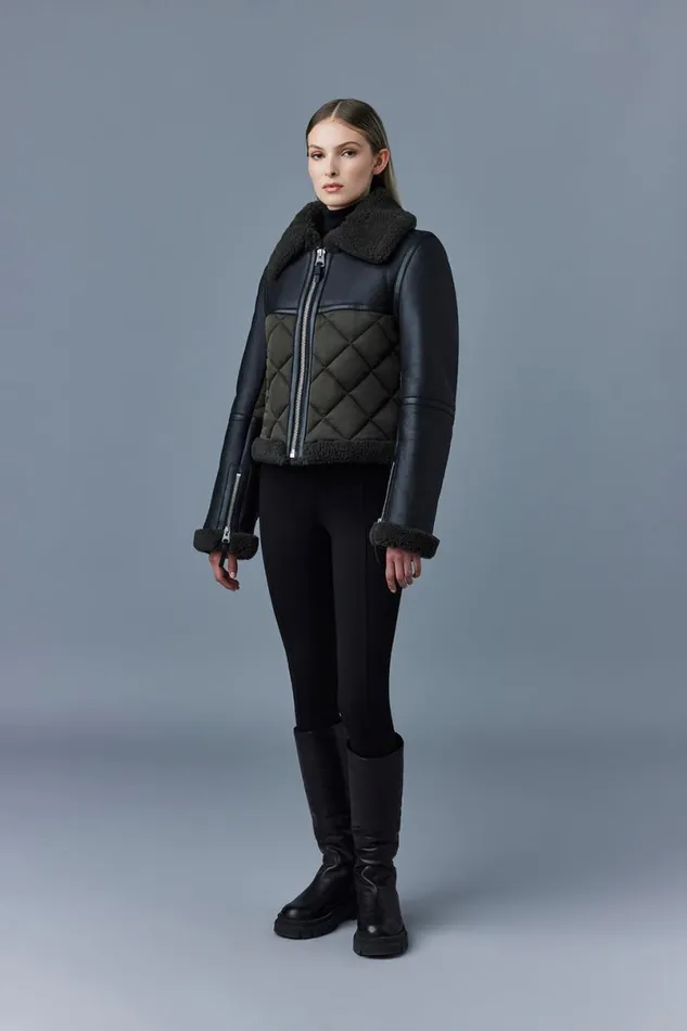 Shearling Jackets Women Mackage TULIP Quilted Sheepskin Jacket With Shearling Trim Dark Olive