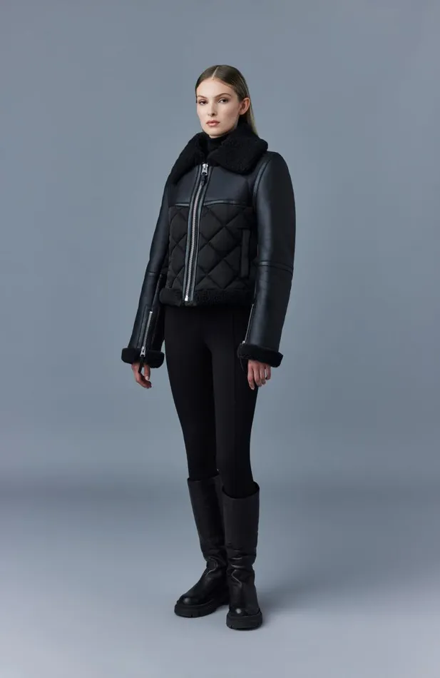 Shearling Jackets Women Mackage TULIP Quilted Sheepskin Jacket With Shearling Trim Dark Olive