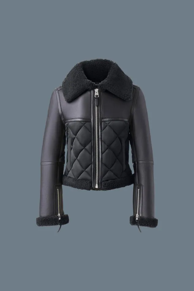 Shearling Jackets Women Mackage TULIP Quilted Sheepskin Jacket With Shearling Trim Dark Olive