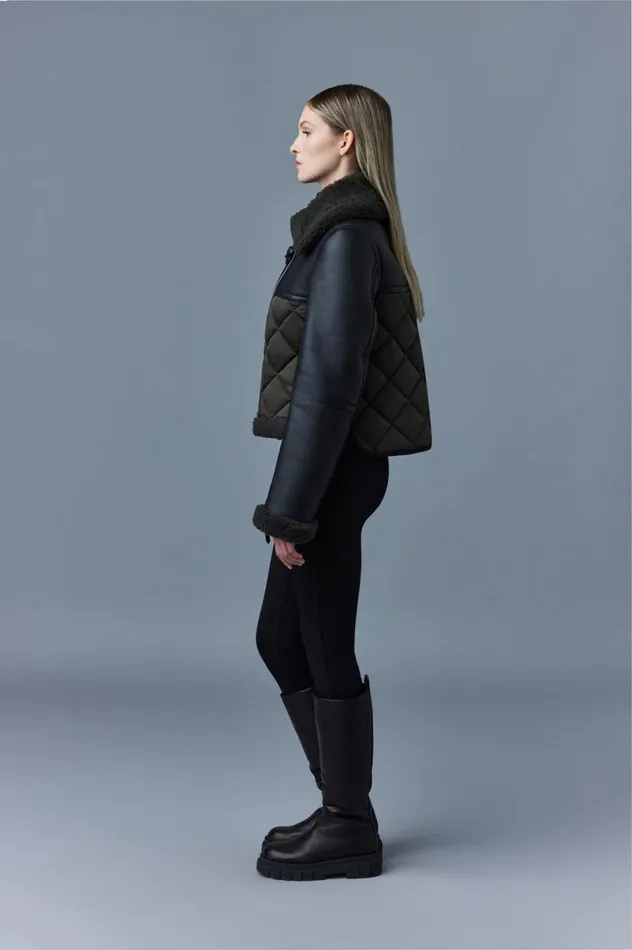 Shearling Jackets Women Mackage TULIP Quilted Sheepskin Jacket With Shearling Trim Dark Olive