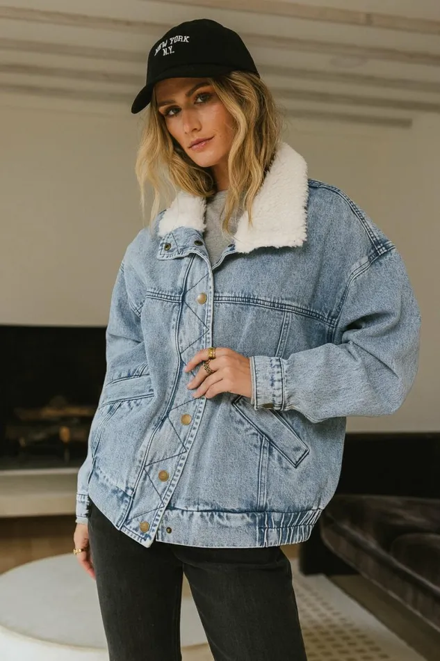 Sherpa Collar Denim Jacket Light Wash Women Bohme Outerwear
