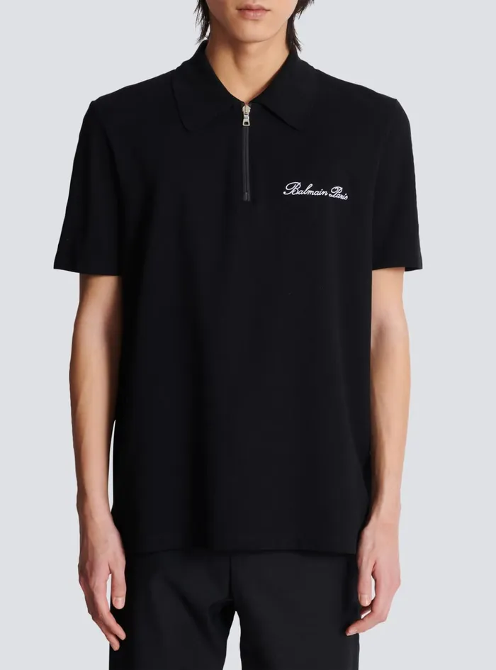Shortsleeved Polo Shirt With Embroidery Black Men Balmain Shirts And Polos