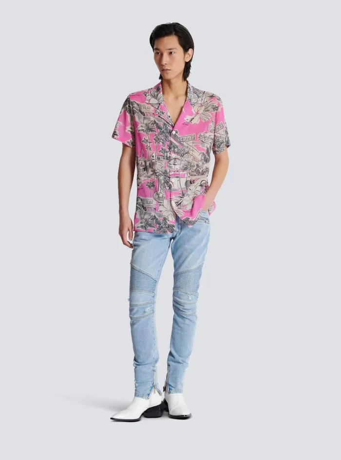 Shortsleeved Silk Pyjama Shirt With Miami Print Pink Men Balmain Shirts And Polos