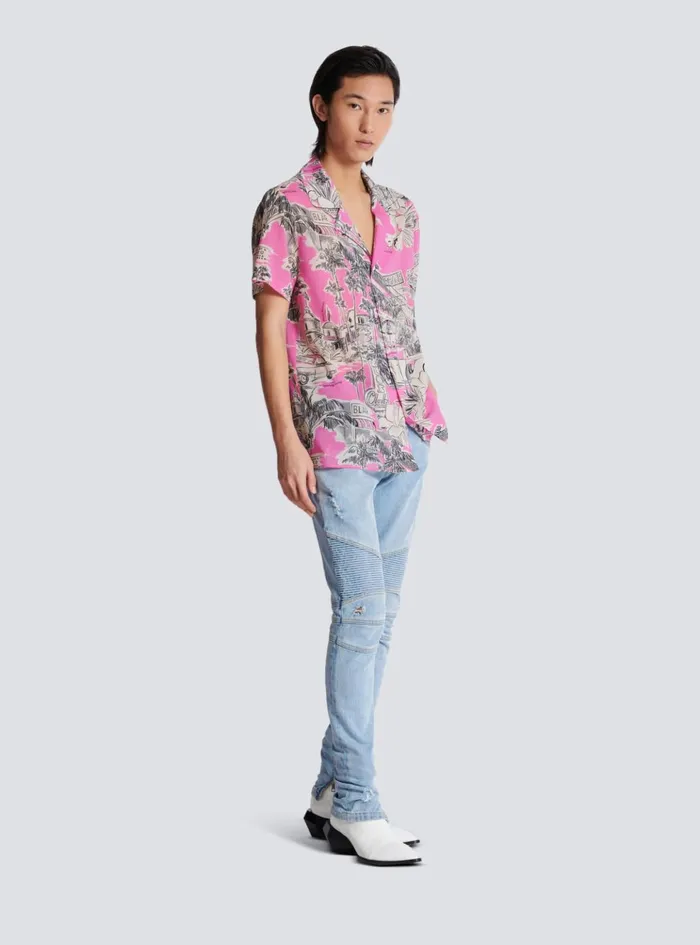 Shortsleeved Silk Pyjama Shirt With Miami Print Pink Men Balmain Shirts And Polos