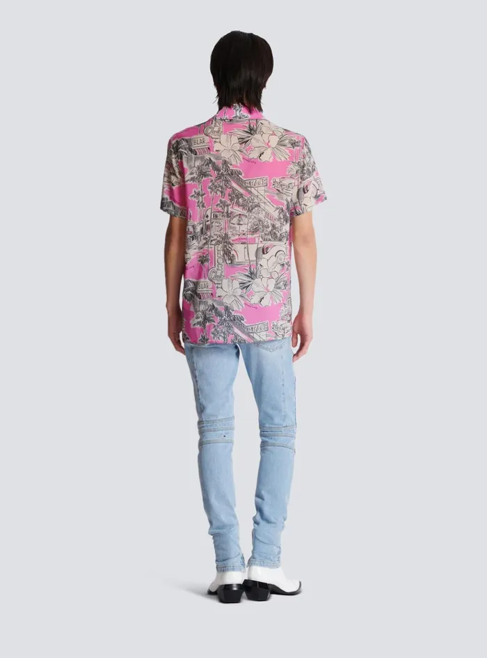 Shortsleeved Silk Pyjama Shirt With Miami Print Pink Men Balmain Shirts And Polos
