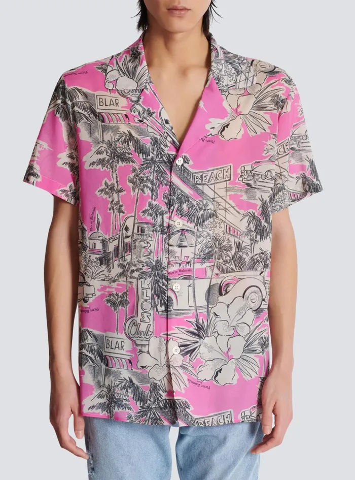 Shortsleeved Silk Pyjama Shirt With Miami Print Pink Men Balmain Shirts And Polos