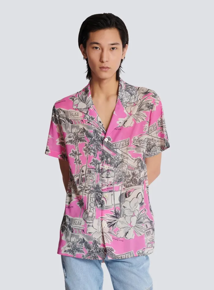 Shortsleeved Silk Pyjama Shirt With Miami Print Pink Men Balmain Shirts And Polos