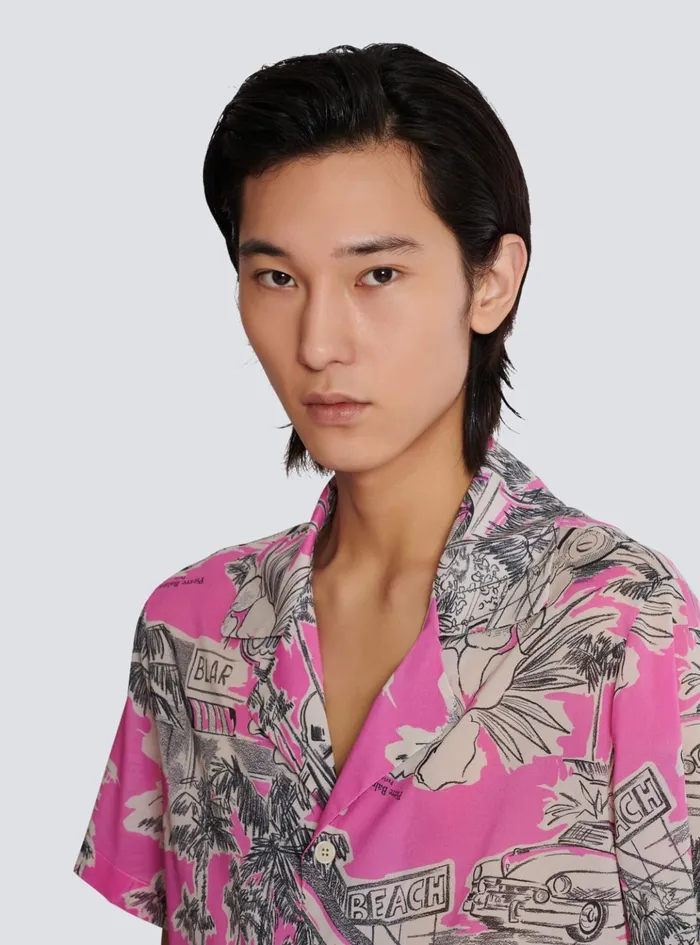 Shortsleeved Silk Pyjama Shirt With Miami Print Pink Men Balmain Shirts And Polos