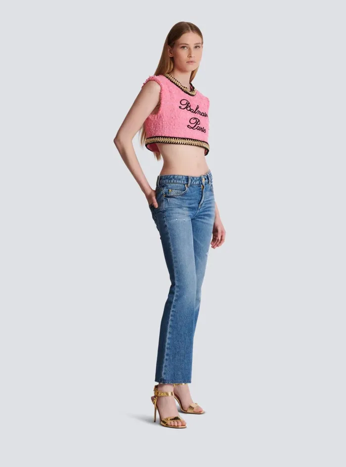 Signature Tweed And Chain Top Pink Women Balmain Tops And Shirts
