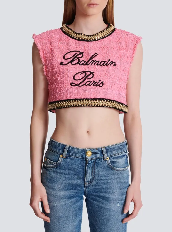 Signature Tweed And Chain Top Pink Women Balmain Tops And Shirts
