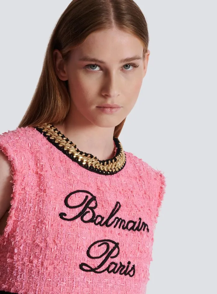 Signature Tweed And Chain Top Pink Women Balmain Tops And Shirts