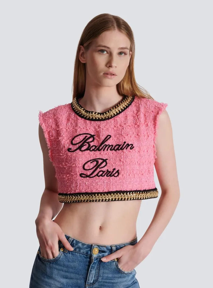 Signature Tweed And Chain Top Pink Women Balmain Tops And Shirts