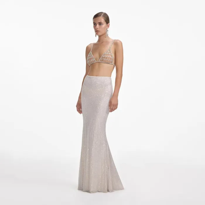 Silver Rhinestone Mesh Maxi Skirt Women Self Portrait Bottoms Silver Rhinestone Mesh Maxi Skirt Women Self Portrait Bottoms