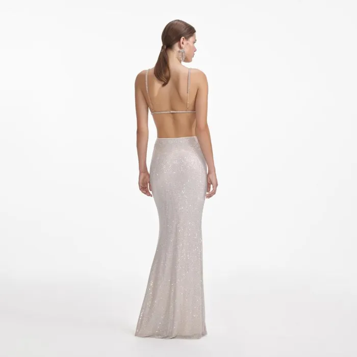 Silver Rhinestone Mesh Maxi Skirt Women Self Portrait Bottoms Silver Rhinestone Mesh Maxi Skirt Women Self Portrait Bottoms