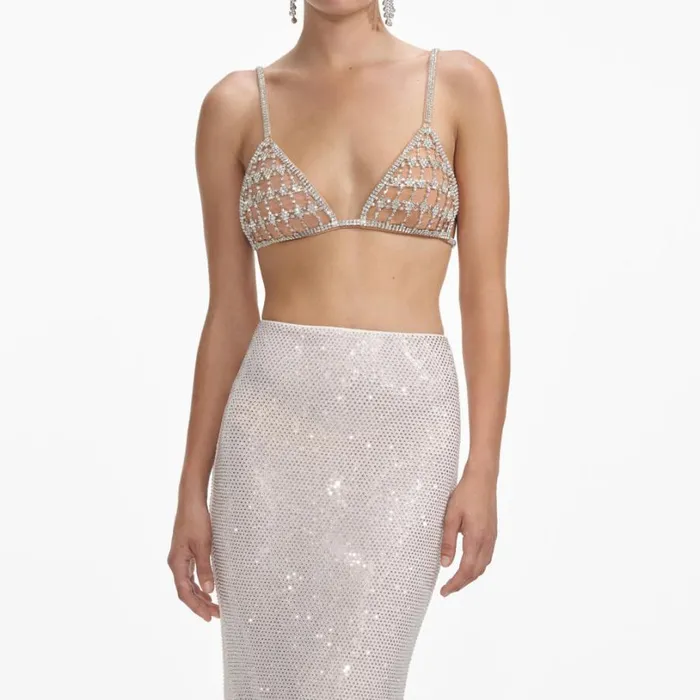Silver Rhinestone Mesh Maxi Skirt Women Self Portrait Bottoms Silver Rhinestone Mesh Maxi Skirt Women Self Portrait Bottoms