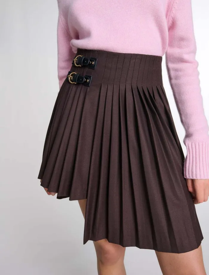 Skirts and Shorts Women Maje Asymmetrical Pleated Short Skirt Brown