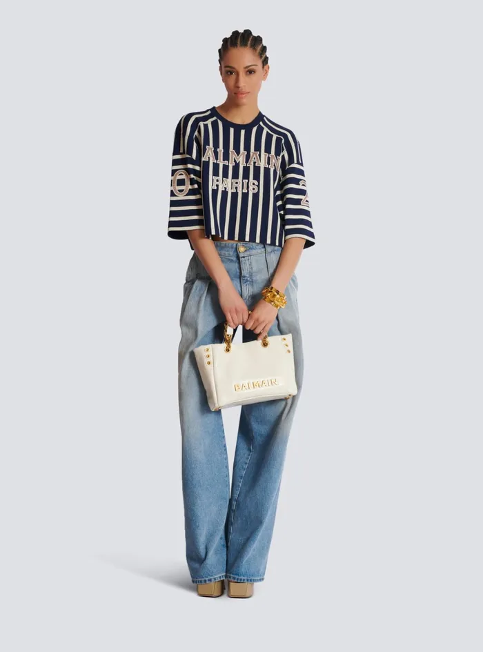 Small 1945 Soft Bag In Embossed Crackled Calfskin With A PB Labyrinth Monogram White Women Balmain Handbags