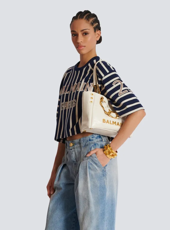 Small 1945 Soft Bag In Embossed Crackled Calfskin With A PB Labyrinth Monogram White Women Balmain Handbags