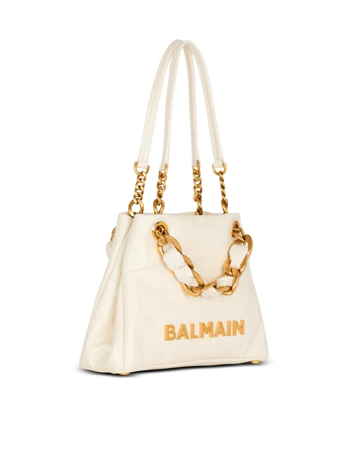 Small 1945 Soft Bag In Embossed Crackled Calfskin With A PB Labyrinth Monogram White Women Balmain Handbags