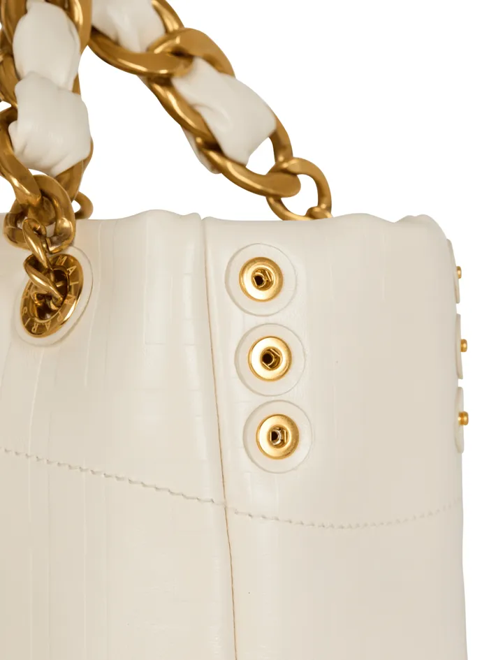 Small 1945 Soft Bag In Embossed Crackled Calfskin With A PB Labyrinth Monogram White Women Balmain Handbags