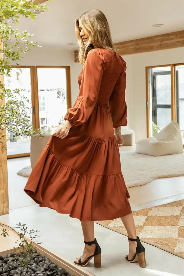 Smocked Tiered Midi Dress In Brown Brown Women Bohme Dresses