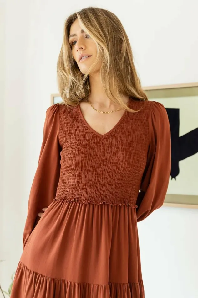 Smocked Tiered Midi Dress In Brown Brown Women Bohme Dresses