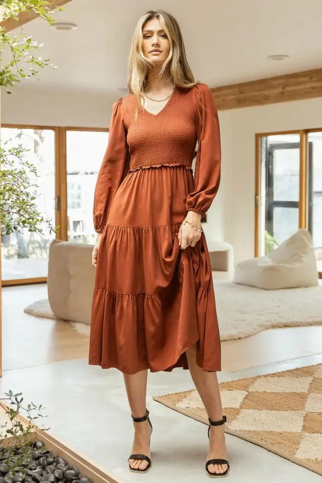 Smocked Tiered Midi Dress In Brown Brown Women Bohme Dresses