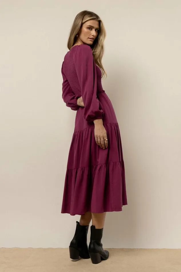 Smocked Tiered Midi Dress In Fuchsia Fuchsia Women Bohme Dresses