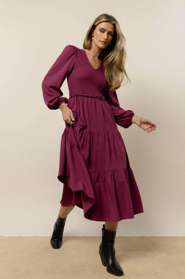 Smocked Tiered Midi Dress In Fuchsia Fuchsia Women Bohme Dresses